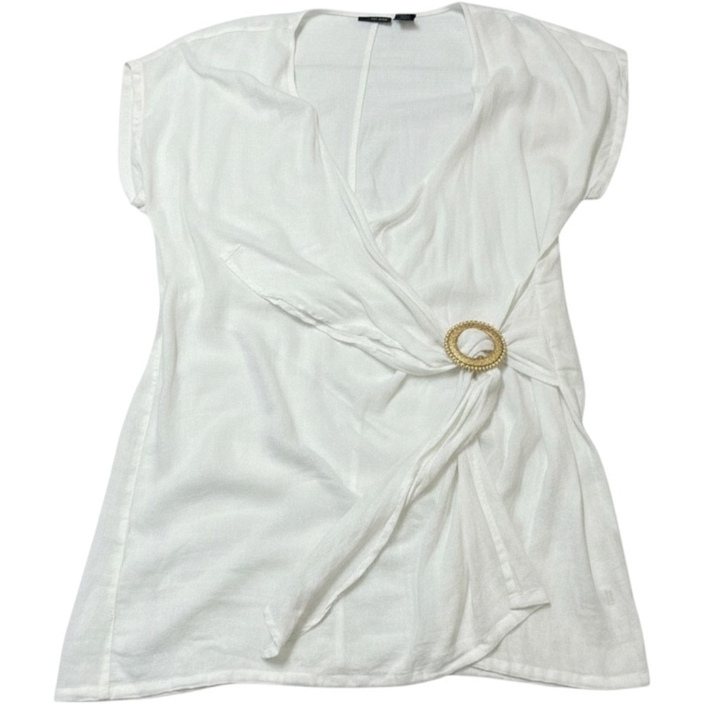 Tahari Wrap Cover Up Mini Dress White Linen Woven Rattan Buckle L Coastal Beach